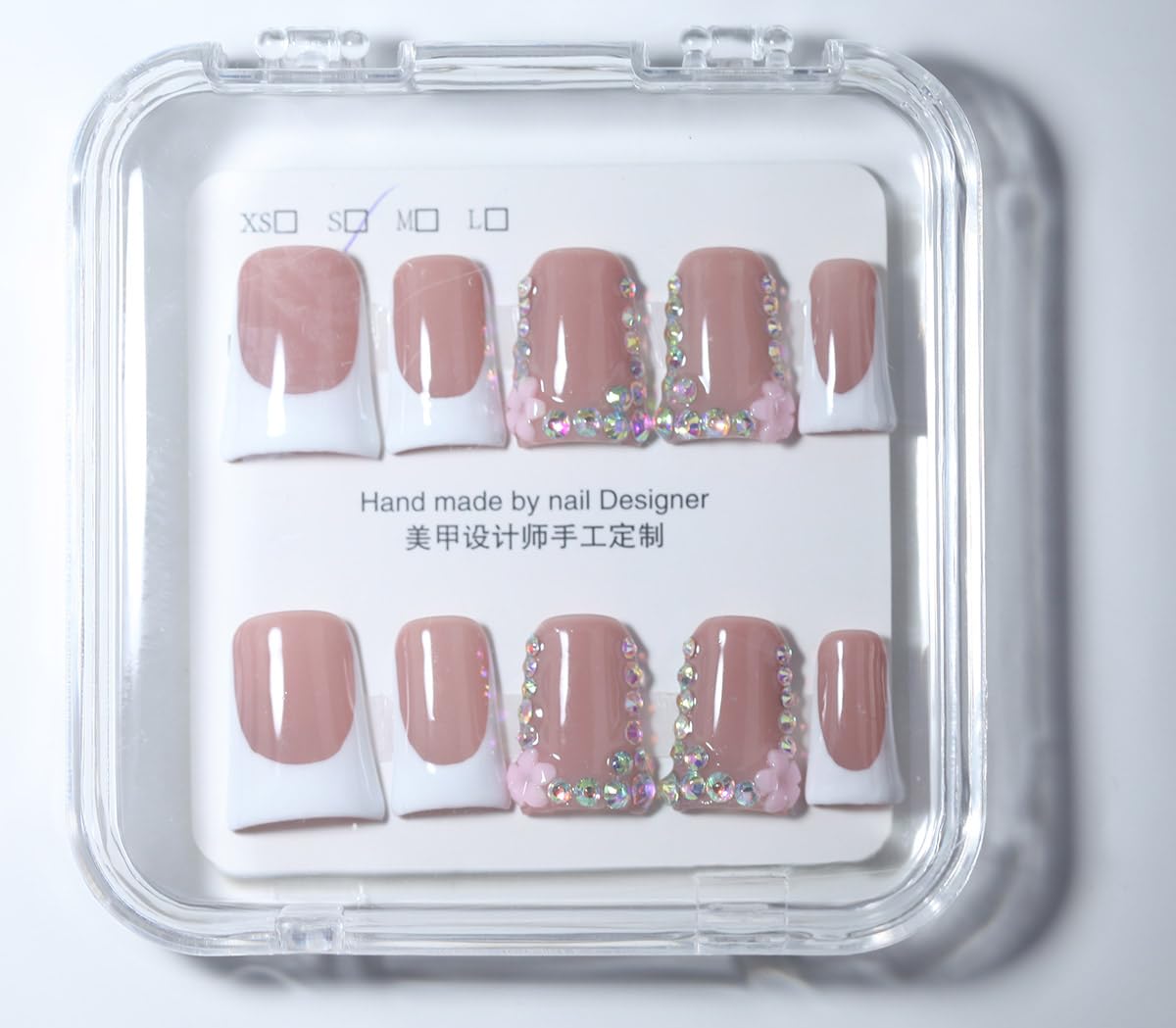 10Pcs Duck Shape Handmade Press On Nails | Easy Apply & Remove, Reusable Salon Quality Nails | Elegant Nude Pink Fake Nails with 3D Flower & Iridescent Rhinestone Classic French Accents (251207, S)