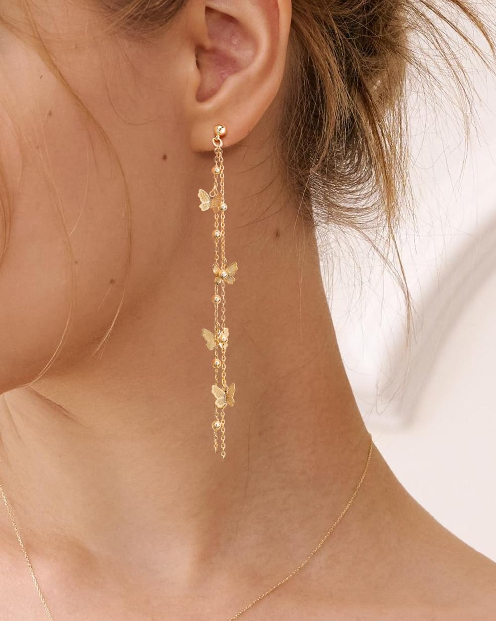 PRTGL Dangle Earrings - 14K Gold Plated Butterfly Long Dangle Earrings for Women Tassel Design