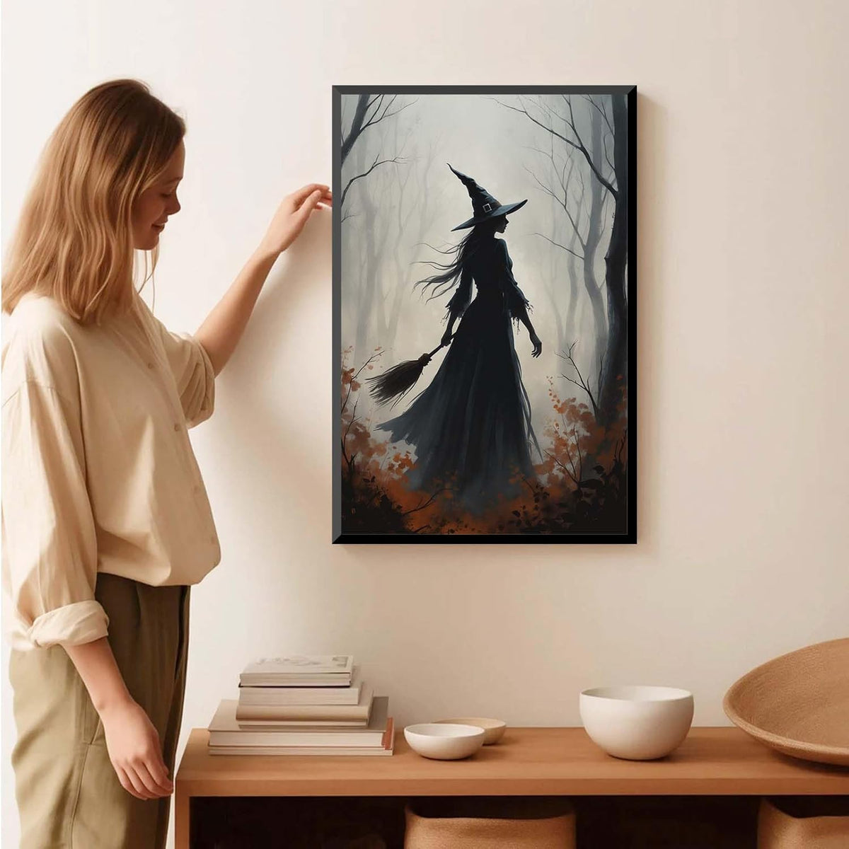 JFHCQJPK Vintage forest witch silhouette poster Halloween mural poster decoration mural art magic suitable for home living room bedroom12x16in Metal blackFramed