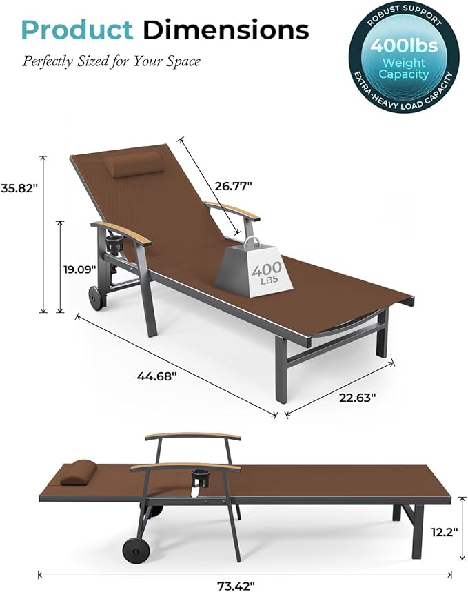 Ciokea Outdoor Lounge Chair with Pillow, 5-Position Aluminum Chaise Lounge with Wheels & Armrests, 400 lbs Heavy Duty Patio Pool Chair for Deck, Backyard, Beach & Poolside, Brown