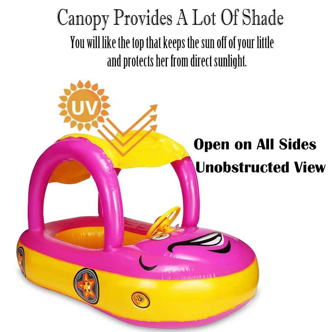 Baby Pool Float with Canopy Summer Steering Wheel Sunshade Swim Ring Car Inflatable Toys Infants Float Seat Boat for Kids Toddlers…