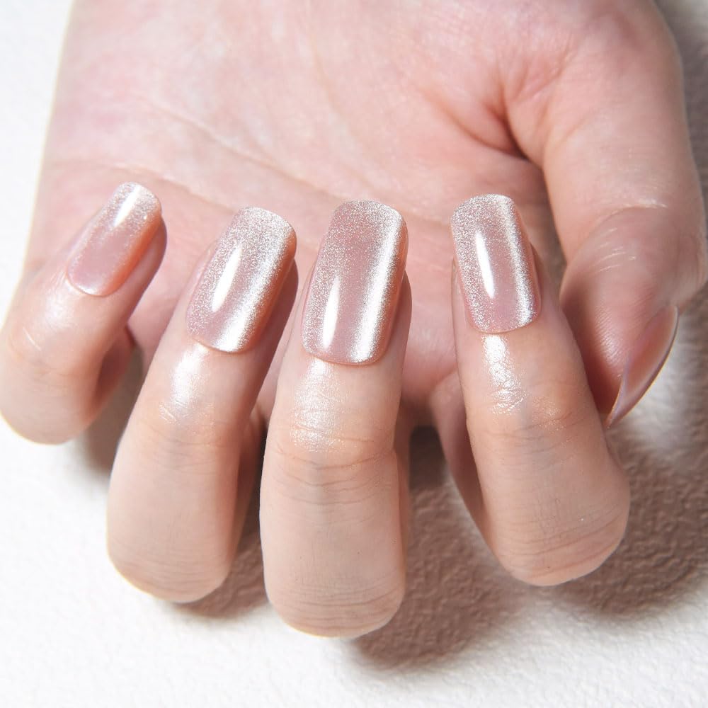evpct Light Nude Cat Eye Press on Nails Medium Square No Glue, Medium Square Press Stick on Nails Chrome for Women, Nude Holographic Glitter Glossy Reusable Soft Acrylic Fake Nail with Cateye Design