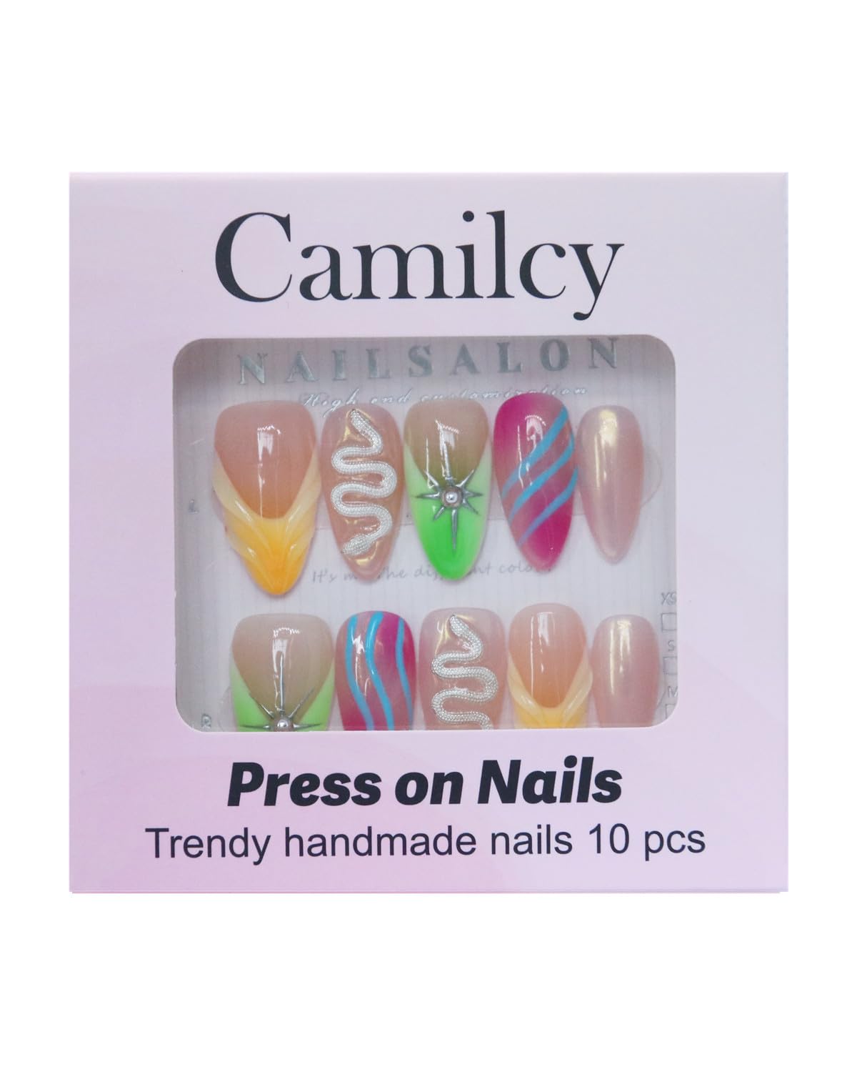 CAMILCY Handmade Nails Press on Long pointed tip Pink Hand Painted Reusable Gel UV Finished Pre Shaped False Nails for Women 10pcs 3D Glitzadora Handmade Nails (A139, L)