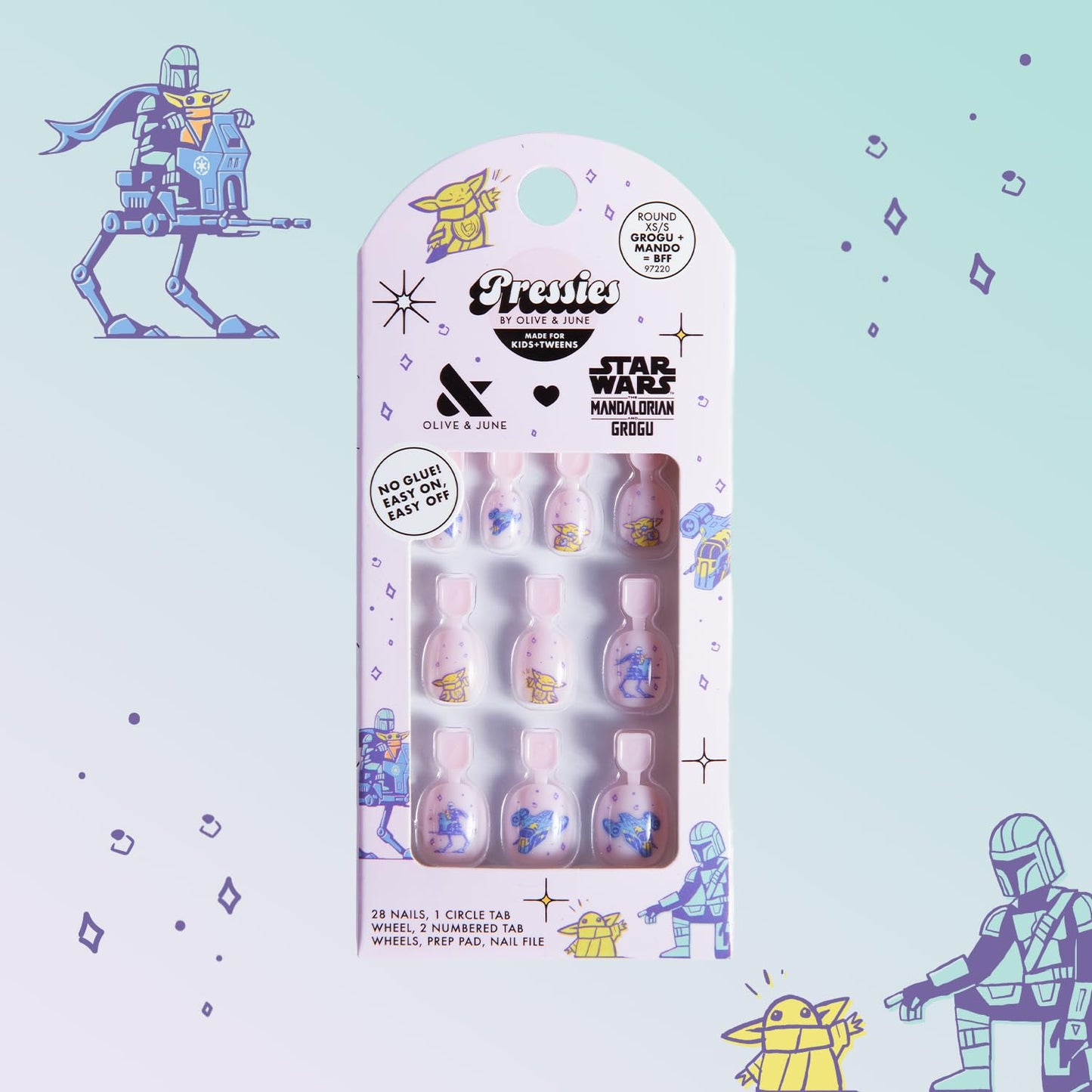 Olive & June Pressies Kids Press-On Nails (No Glue) | Star Wars: The Mandalorian & Grogu | 28 Fake Nails, 14 Sizes, 1 Nail File | Easy On-Off Mani Non-Toxic Tabs | XS/S, Round | Grogu + Mando = BFF