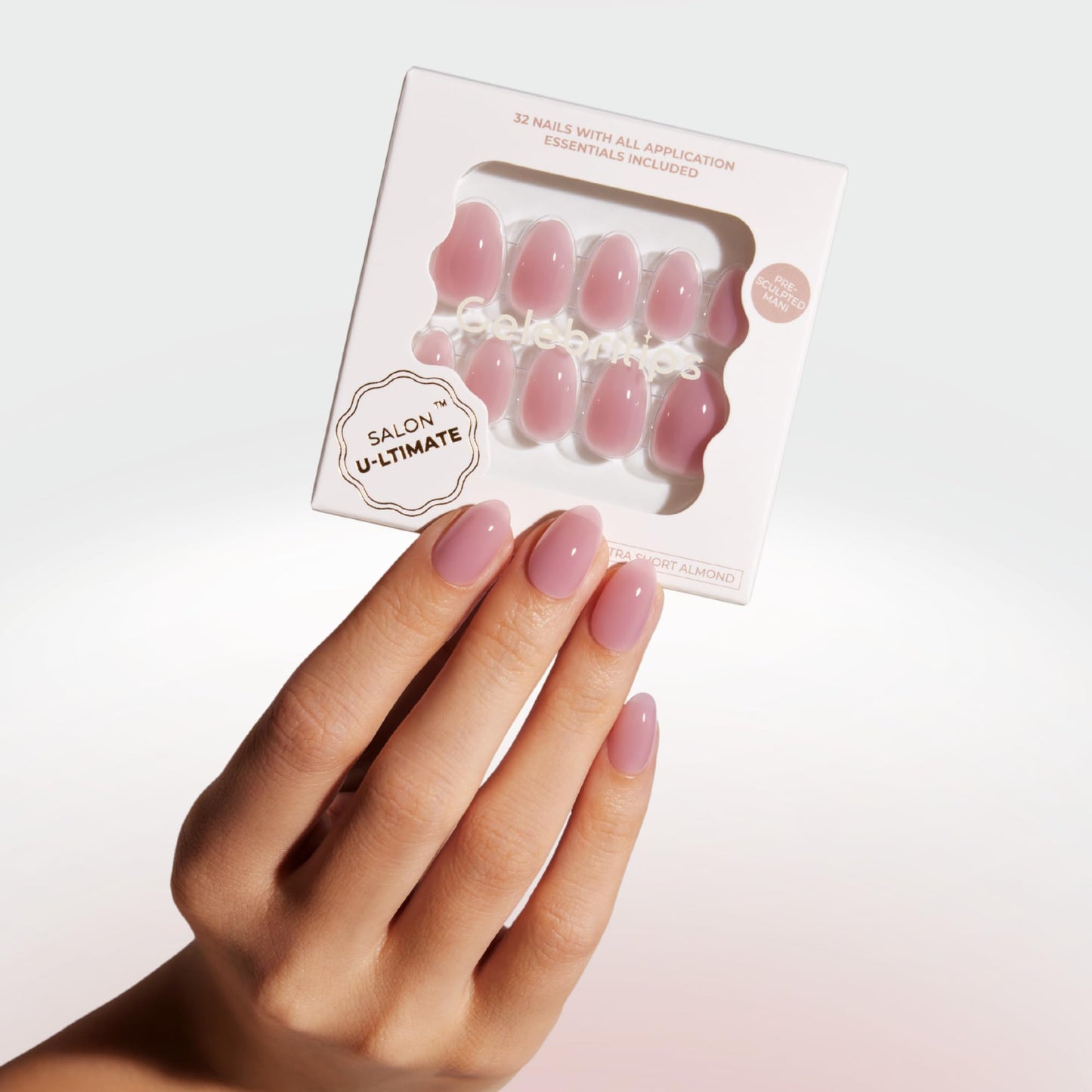Celebritips Press On Nails - Salon U-ltimate™ | Misty Rose, Extra Short Almond Nails, Reusable | 16 sizes - 32 Nails Kit with Glue and Sticky Tabs