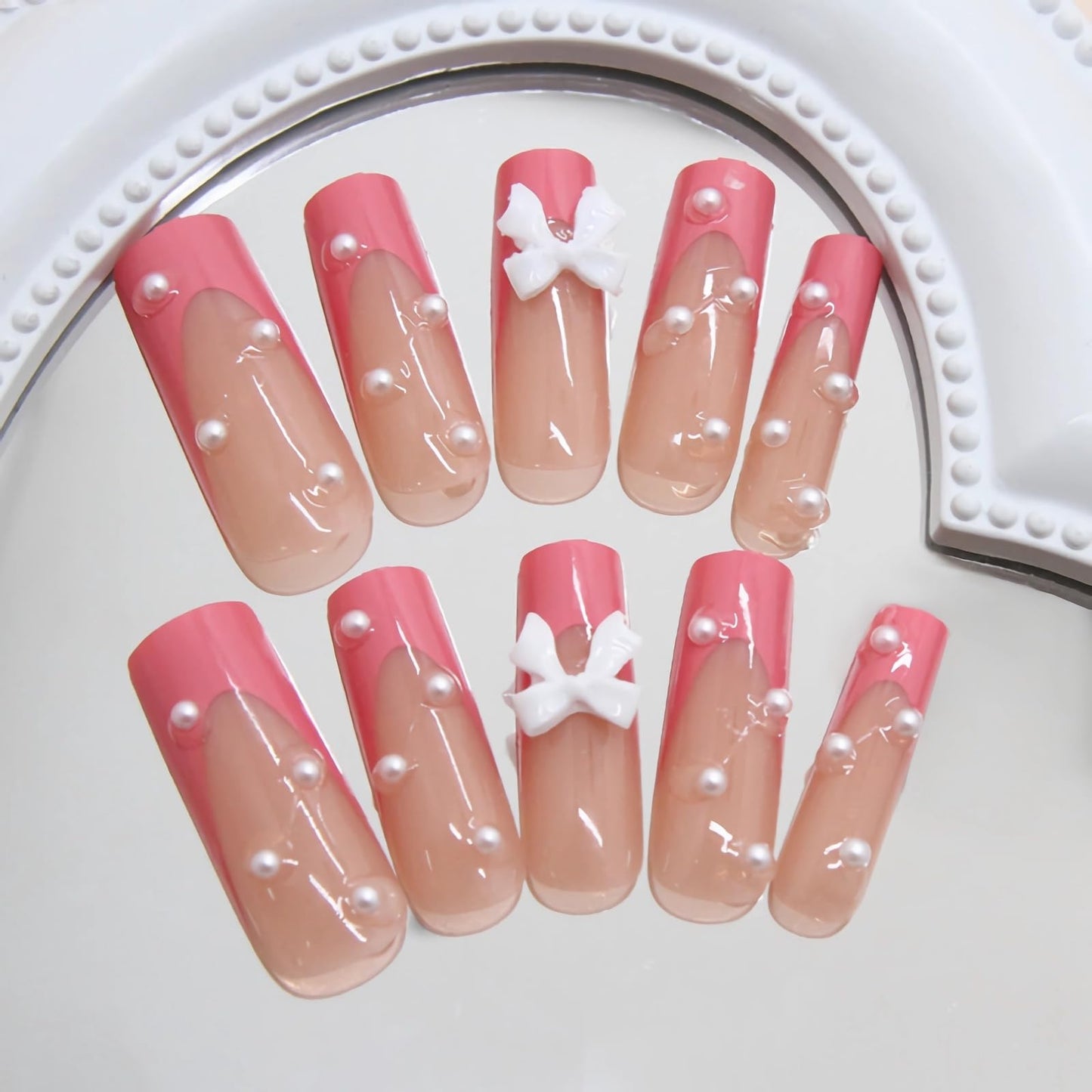BABALAL Long Square Press on Nails Pink French tip Fake Nails with Bow Charm 24Pcs Acrylic Nails Supplies Pearl Stick on Nails with Glue Squoval Manicure Artificial Nails Art