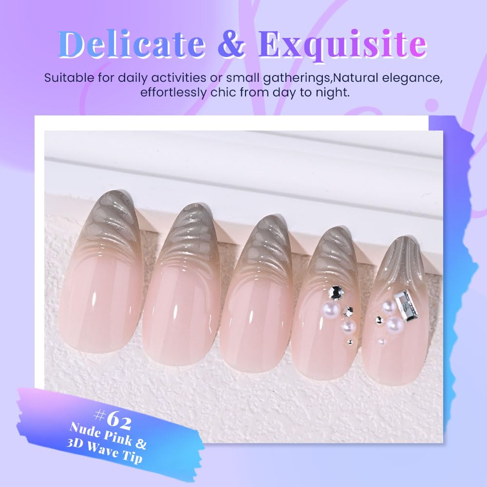 evpct Nude Pink 3D Press on Nails Short Almond No Glue with Wave Pearl Design, 3D Wave Tip Stick on Nail for Women Gift, Reusable Full Cover Soft Press on Fake Nail Perfectly Fit with Diamond Design