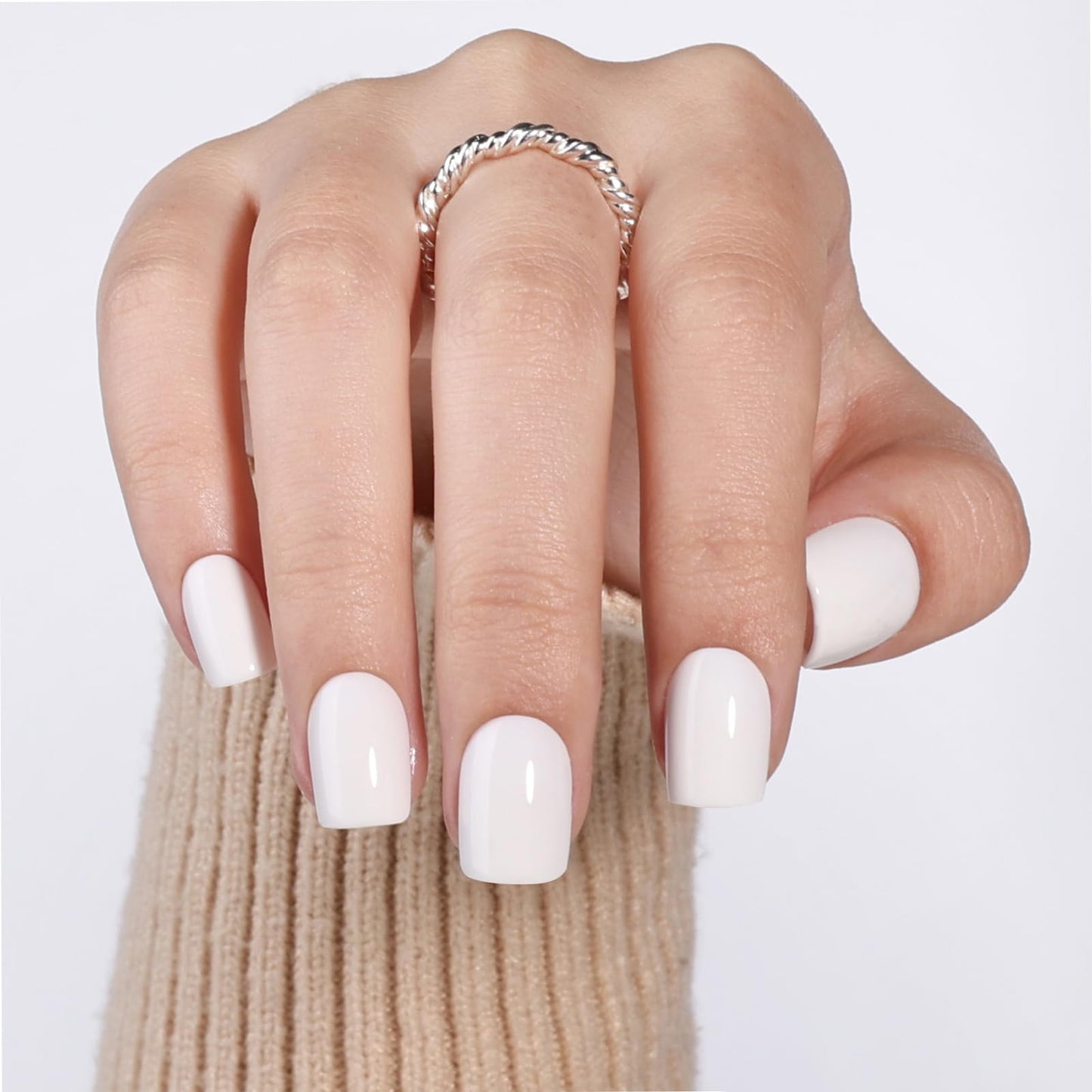 White Press On Nails - Short Square Press On Nails, Glossy Reusable Nails Press Ons for Women DIY Fake Nails 30 Count 15 Sizes Nail Kit with Glue