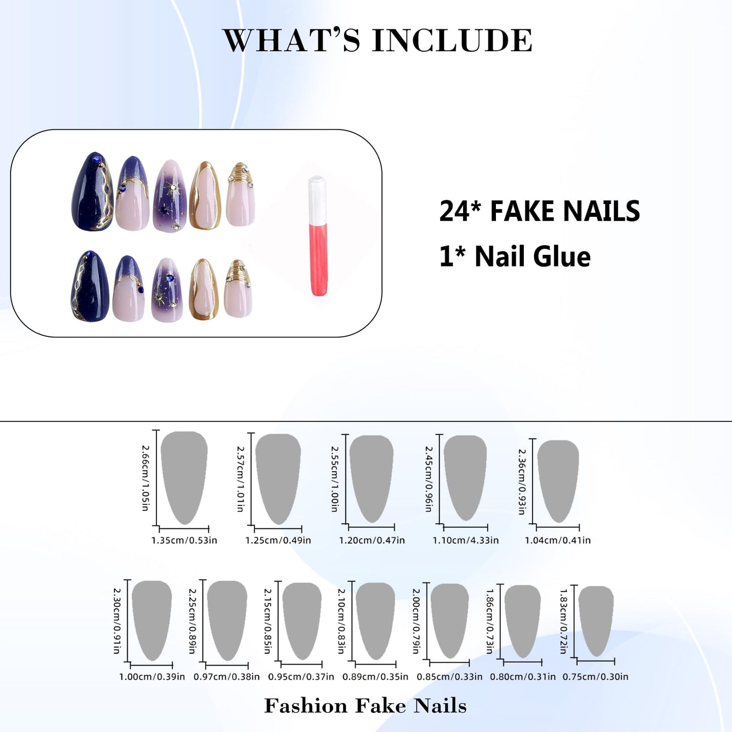 IMRAIN Press on Nails Medium Almond Fake Nails Blue Ombre Acrylic False Nails Golden Edge French Tip Full Cover Glue on Nails for Women