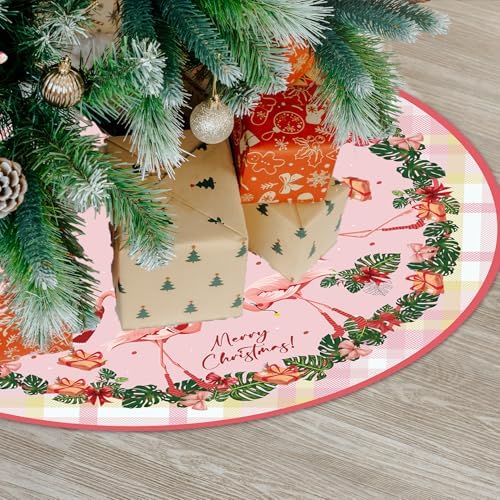 Christmas Tree Skirt in Flamingo, 48-inch Beach Christmas Tree Skirt, Flamingo Christmas Party Decorations, Festive Holiday Party Decorations