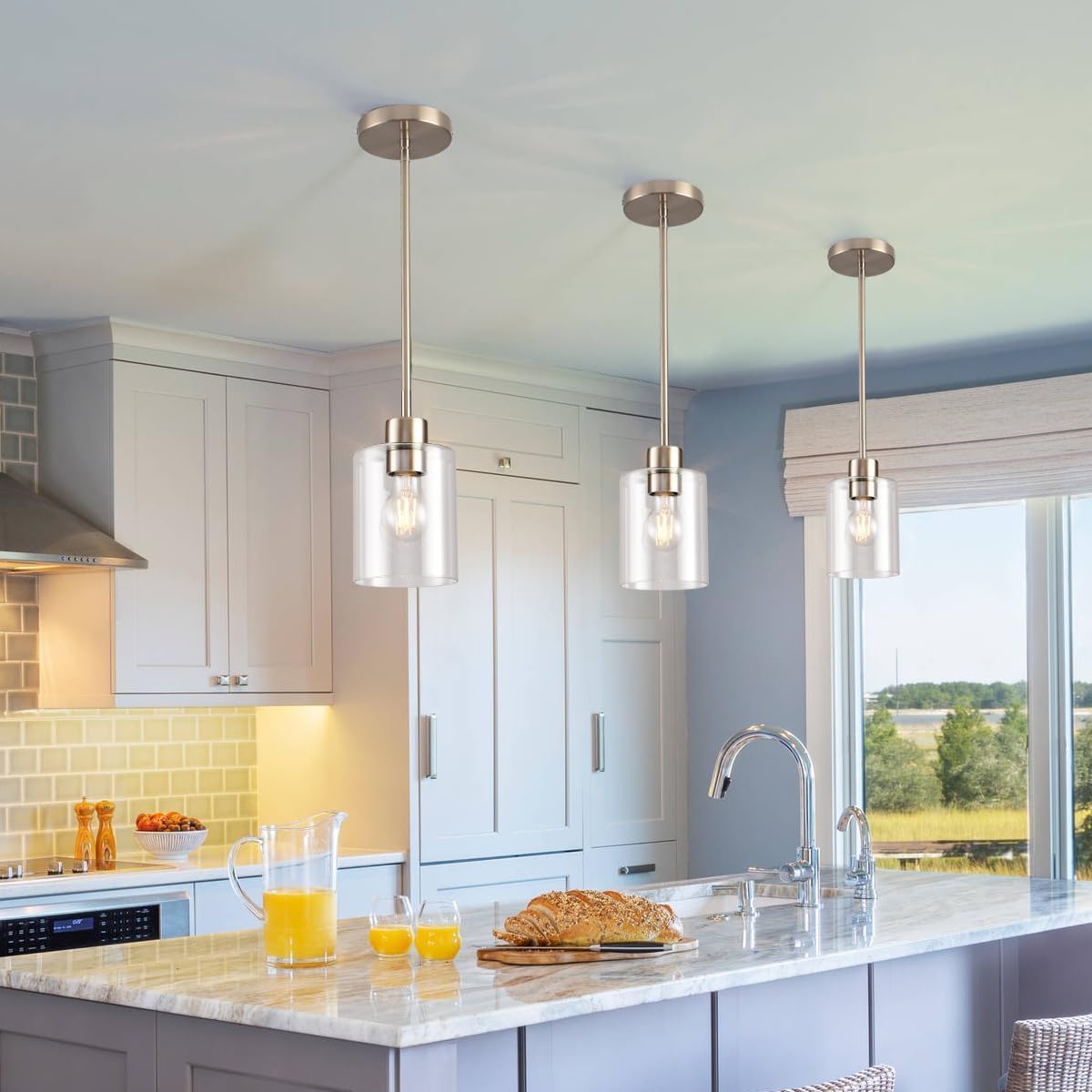 Brushed Nickel Pendant Lights Kitchen Island - Clear Glass Pendant Light Fixture Multiple Stems Rods 3 Units 12 Inch 3 Units 4 Inch (3 Pack Brushed Nickel)