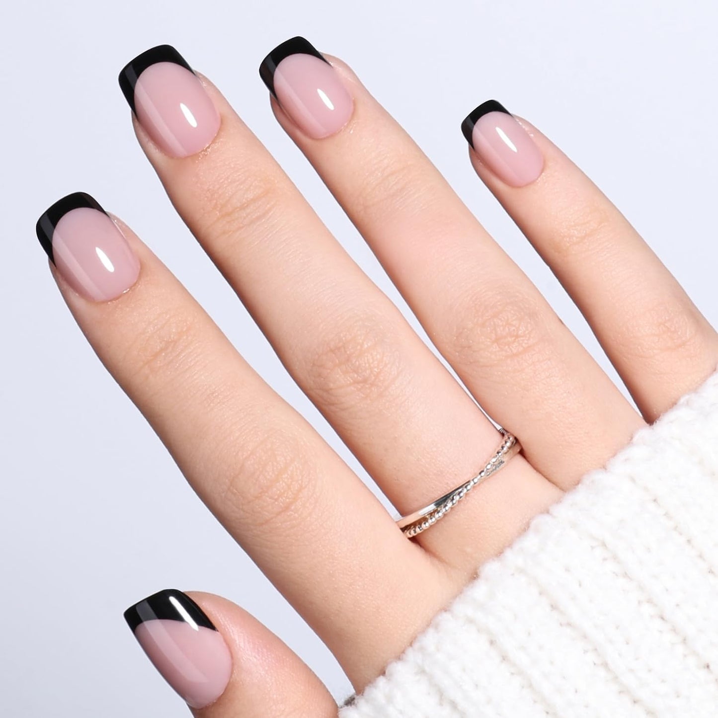 Black French Tip Press On Nails - Black Short Square Fake Nails, French Tip Press On Nails Reusable Stick On Nails in 15 Sizes, 30pcs False Nail Kit for Women & Girls(Bare Eclipse)