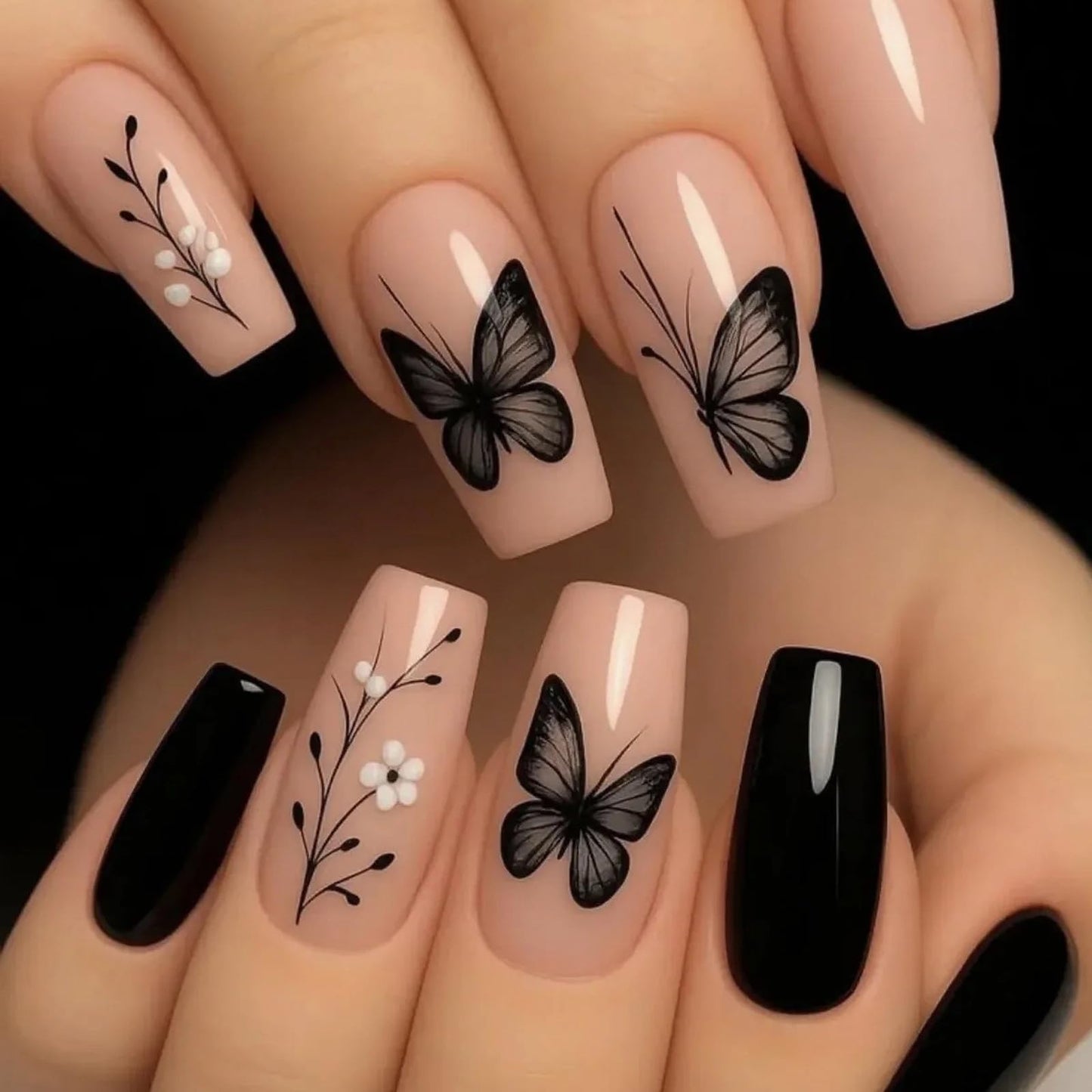 MISUD Press on Nails - Long Coffin Fake Nails with Black Butterfly, Acrylic Nude Design 24 pcs