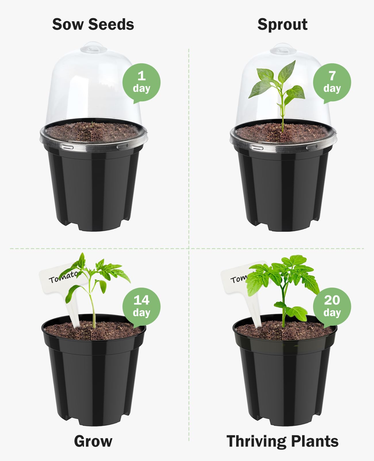 homenote Nursery Pots for Plants,4 Inch Plant Pot for Planting with Humidity Domes Plastic Seedling with Drainage Holes Seed Starter Flower with 10 Labels Black (30 Pack)
