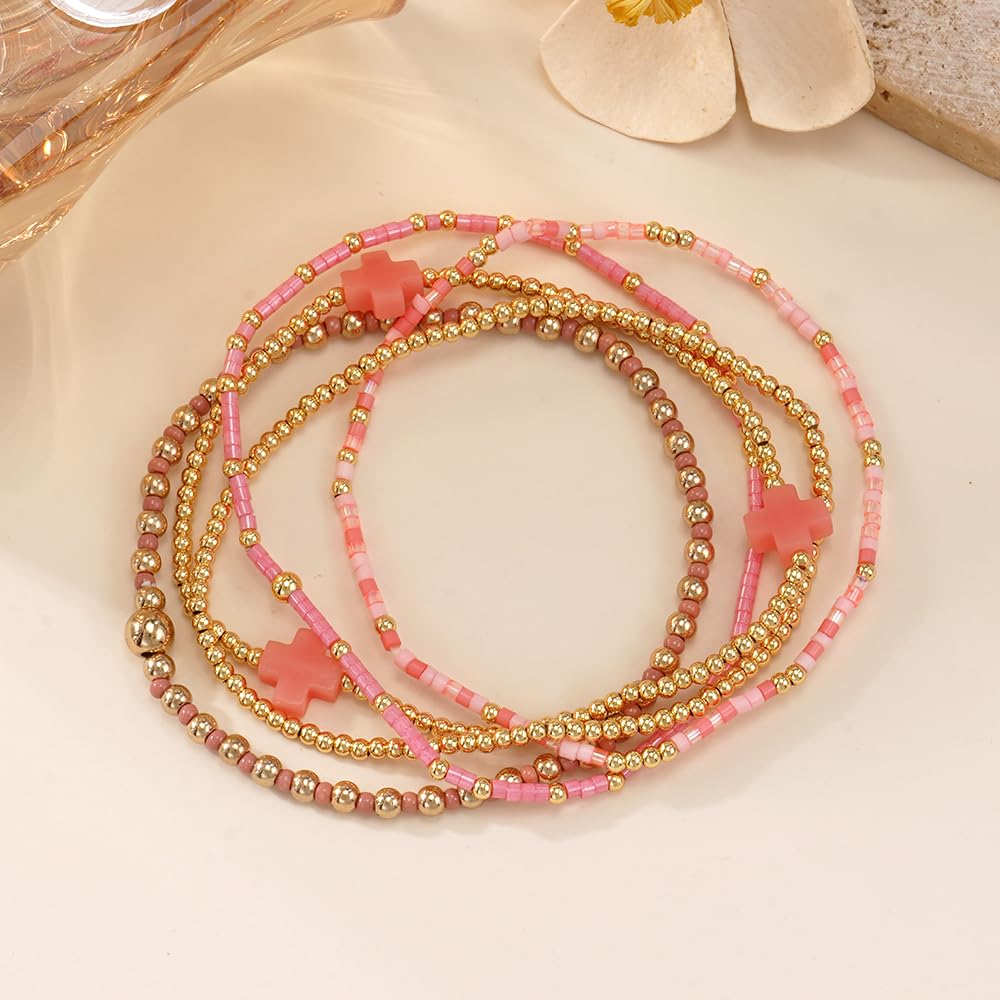 Bohxantium 14K Gold Plated Beaded Stretch Bracelets Stack Set for Women- Pink Stackable Elastic Waterproof Boho Style with Cross Bracelet - Colorful Seed Beads Jewelry Christian Faith Summer Gift