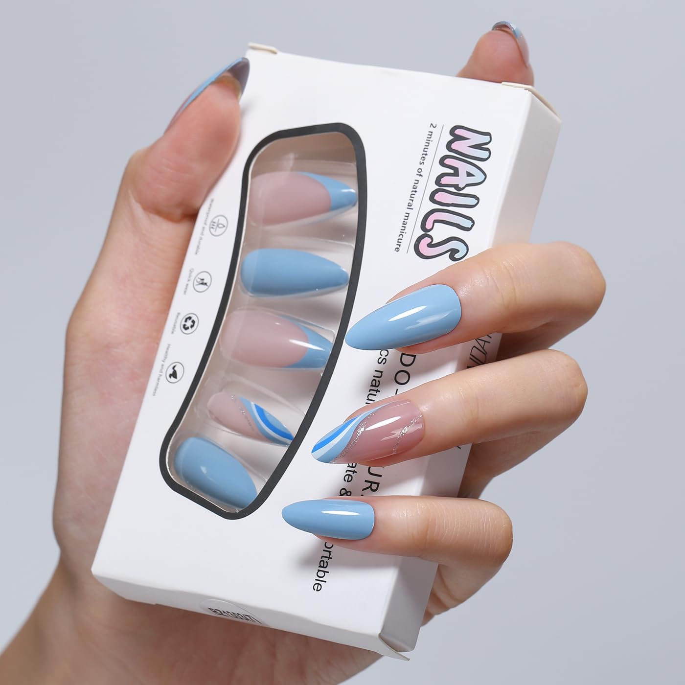 Goolich Bright Blue French Tip Press On Nails Medium Almond, Sheer Nude Pink Nails Press ons Set with Adhesive Tabs, 24 Pcs 12 Size Reusable Full Cover Glue on Nails for Women