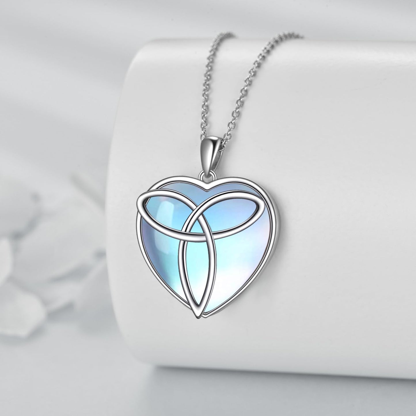 YAFEINI Moonstone Celtic Trinity Necklace 925 Sterling Silver Triangle Knot Heart Pendant Necklace Jewelry Gift for Women (W-Moonstone Celtic Trinity Necklace)