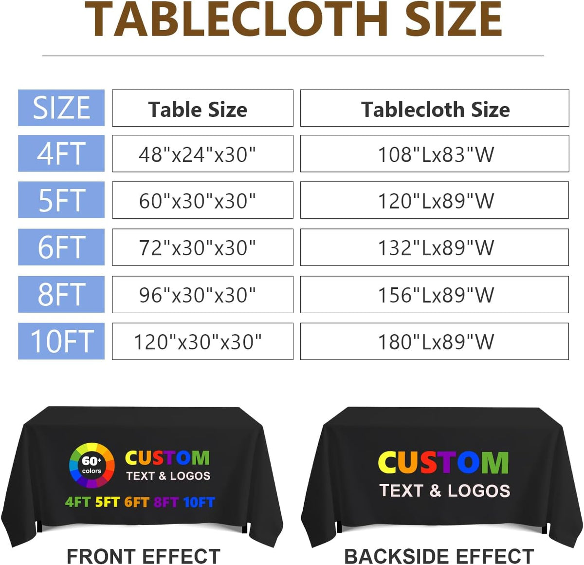 Custom Table Cloth with Business Logo, 4FT 5FT 6FT 8FT 10FT Custom Tablecloth, Custom Table Cover for Tradeshow Events Company School Birthday Wedding Party (6FT Closed Back)