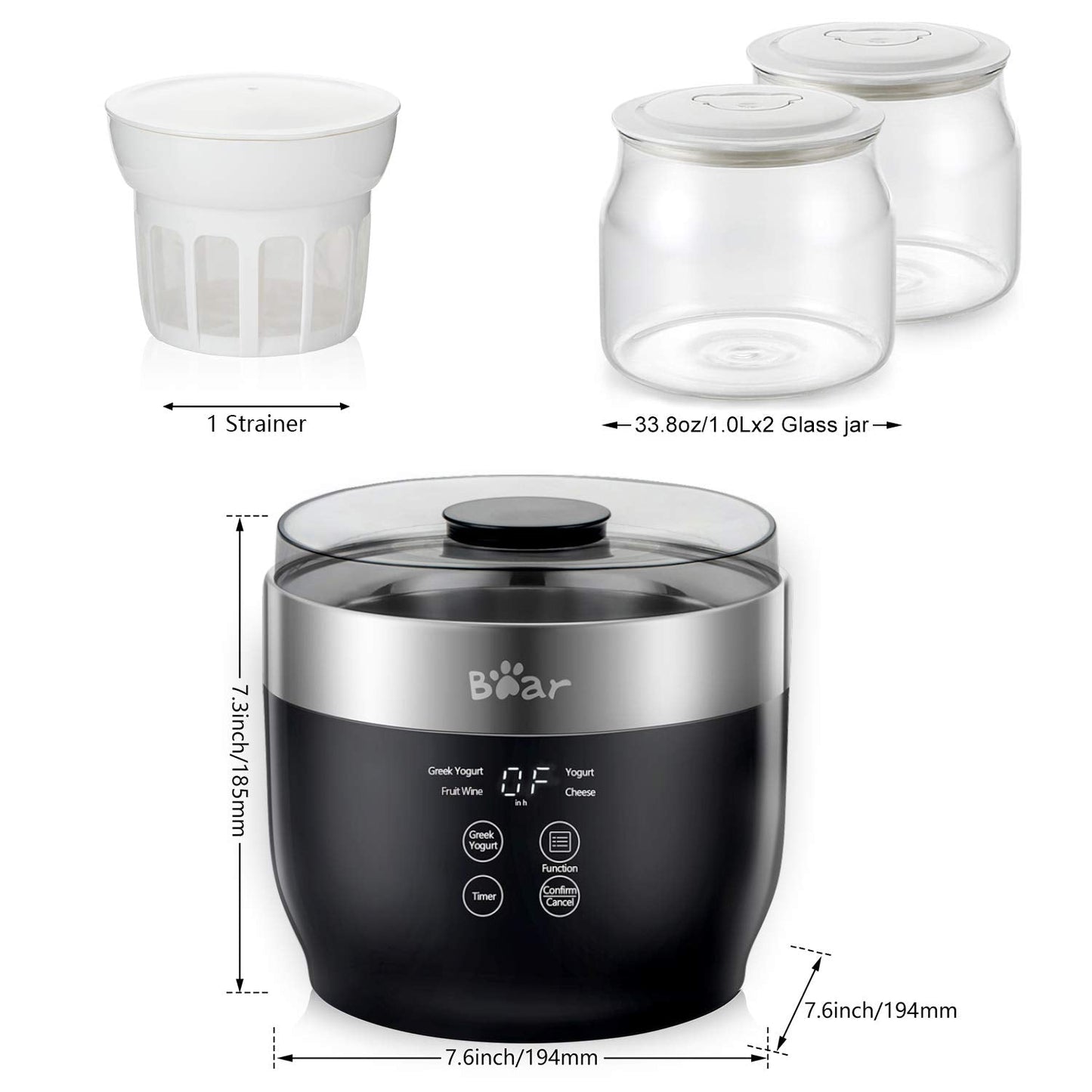Bear Yogurt Maker, Greek Yogurt Maker Machine with Strainer and Timer Control, Stainless Steel Inner Pot, Automatic Digital with 2 Glass Jars 1 Quart for Home Organic Yogurt, Cheese, Fruit Wine