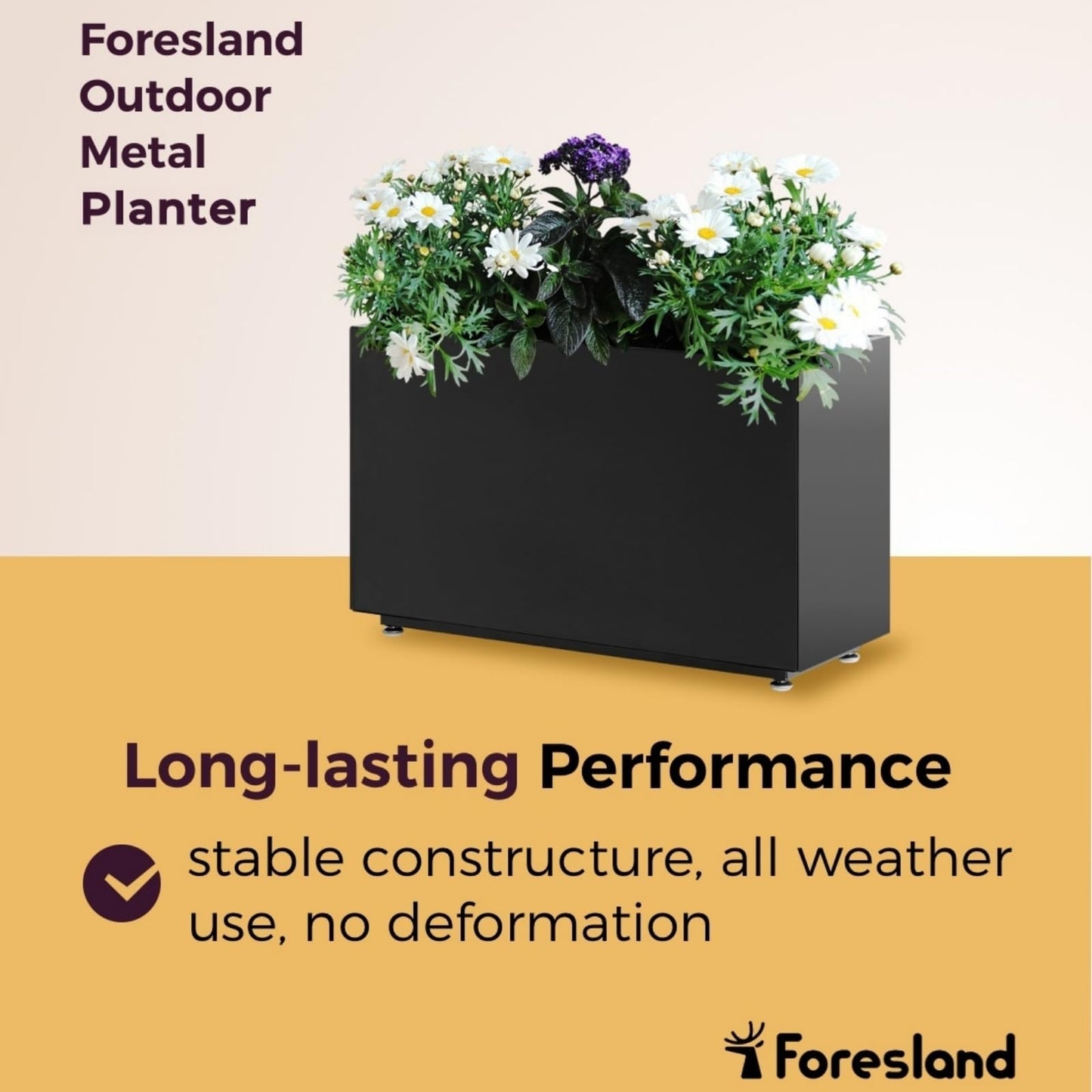 Foresland Outdoor Metal Planter Box 26Wx10Dx16H, Large Rectangular Trough Planters, Easy 5-Min Assembly, Modern Plant Container with Drainage Holes, Heavy Duty, Weather Resistant, Black