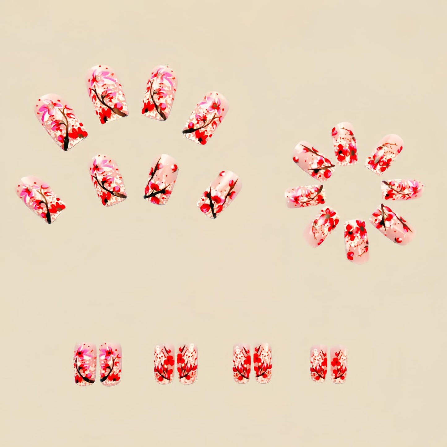 CJDLTS Pink Flower Press on Nails Medium Square Nails Pink Press Nails Spring Floral Stick on Nails Ful Cover Acrylic Nails Glitter Powder Sequins Design Artificial Nails 24Pcs Glue on Nails for Women