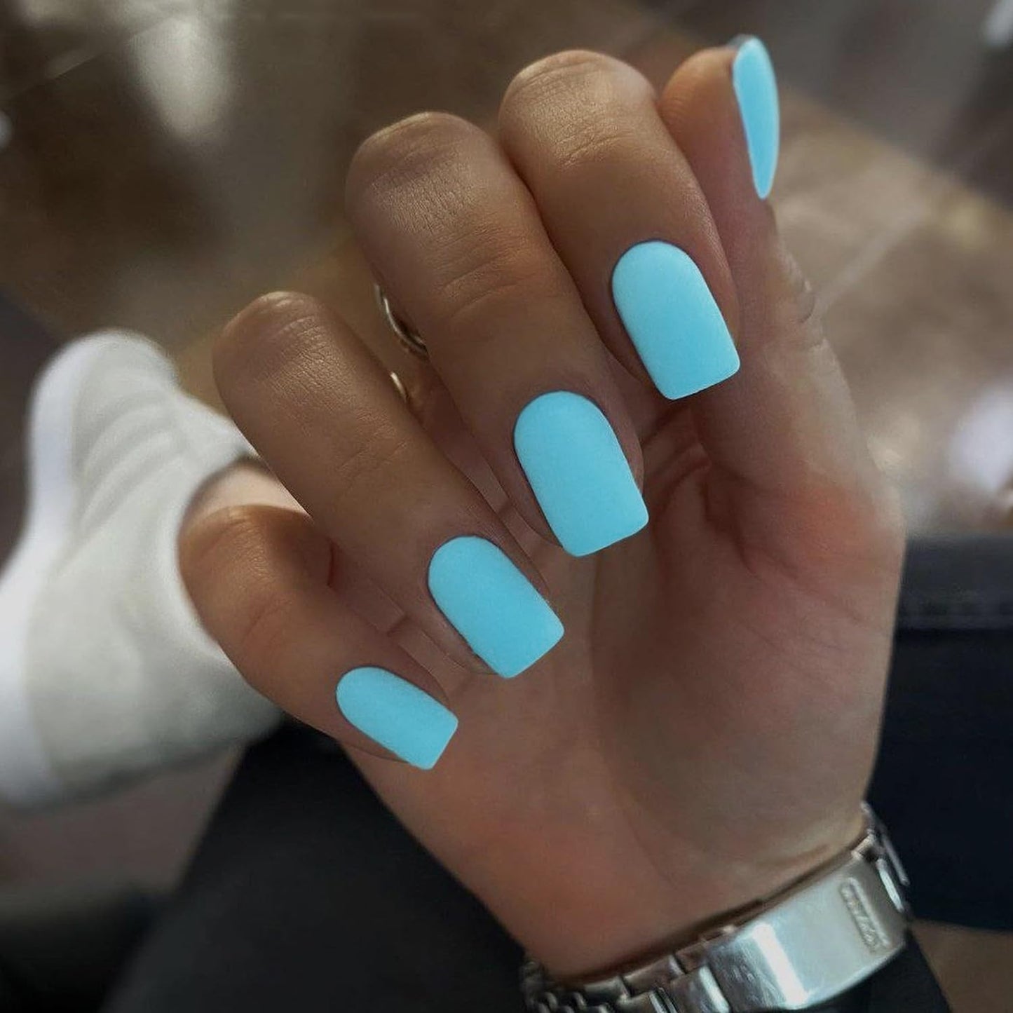 Matte Blue Press on Nails Short Square Fake Nails Short Square Nails Press ons, Soft Gel Acrylic Glue on Nails Stick on for Women Thick Solid Color 24pcs