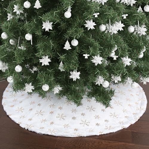 Mr. Pen White Faux Fur Christmas Tree Skirt, 36 inches, Gold Snowflakes