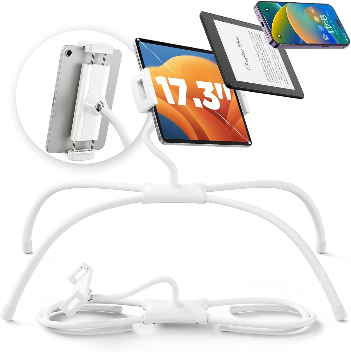 SAIJI iPad Stand, Adjustable Ergonomic Tablet Holder for Bed, Kindle Stand for Reading in Bed Fit for Tablet, Phone, Kindle, Portable Monitor, Switch and More 4.7"-17.3" Devices (White)