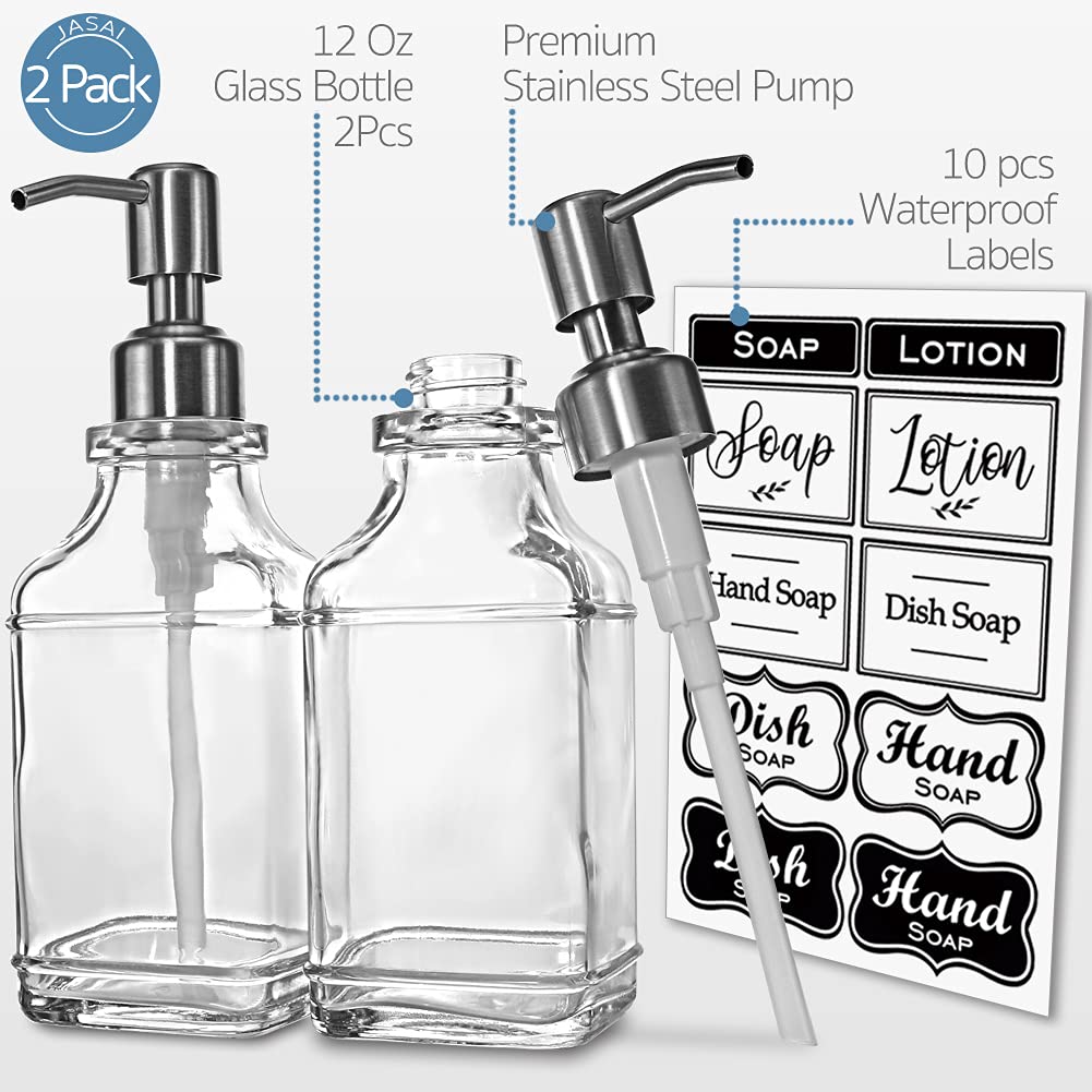 2Pack Hand&Dish Glass Soap Dispenser with Rust Proof Pump & Stickers (2 Count)