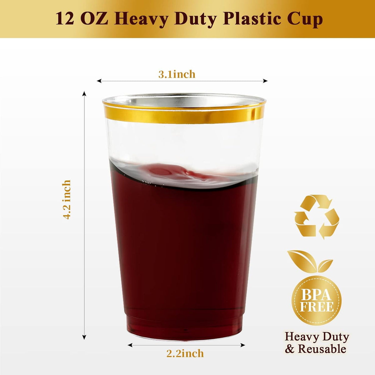 Vplus 150 Pack 12 OZ Reusable Gold Rimmed Clear Plastic Cups, Disposable Heavy Duty Plastic Cups Perfect for Party Christmas Wedding