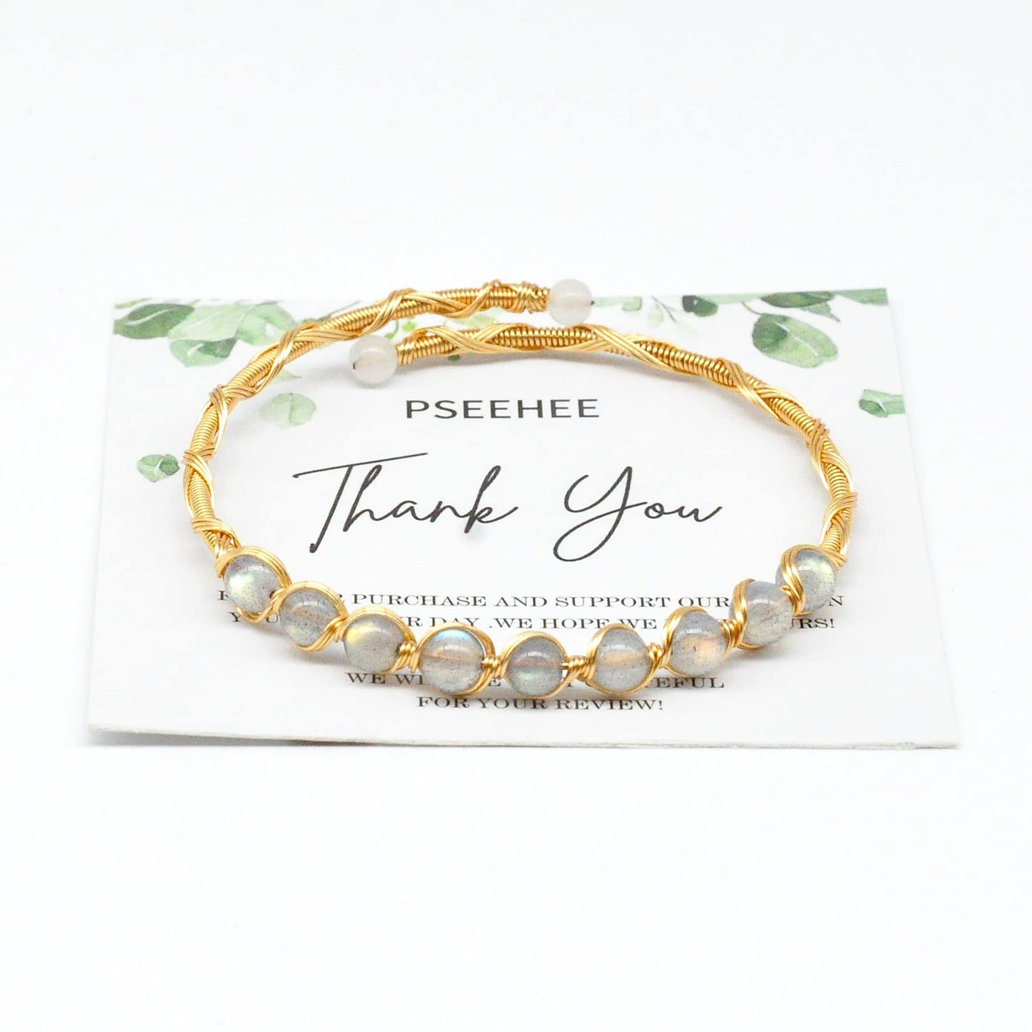 PSEEHEE Handmade Genuine White Labradorite Rainbow Moonstone 14k Gold Filled Wire Wrapped Bracelet, Adjustable Size Crystal Beads Birthstone Gemstone Bohemian Jewelry Women