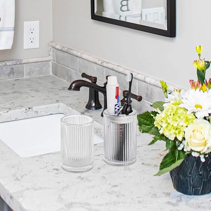 Clear Toothbrush Holders for Bathrooms, 2pcs Glass Toothbrush Holder and 12oz Bathroom Tumbler Cup Set, Silver Tooth Brush and Toothpaste Organizer for Bathroom Vanity Countertop