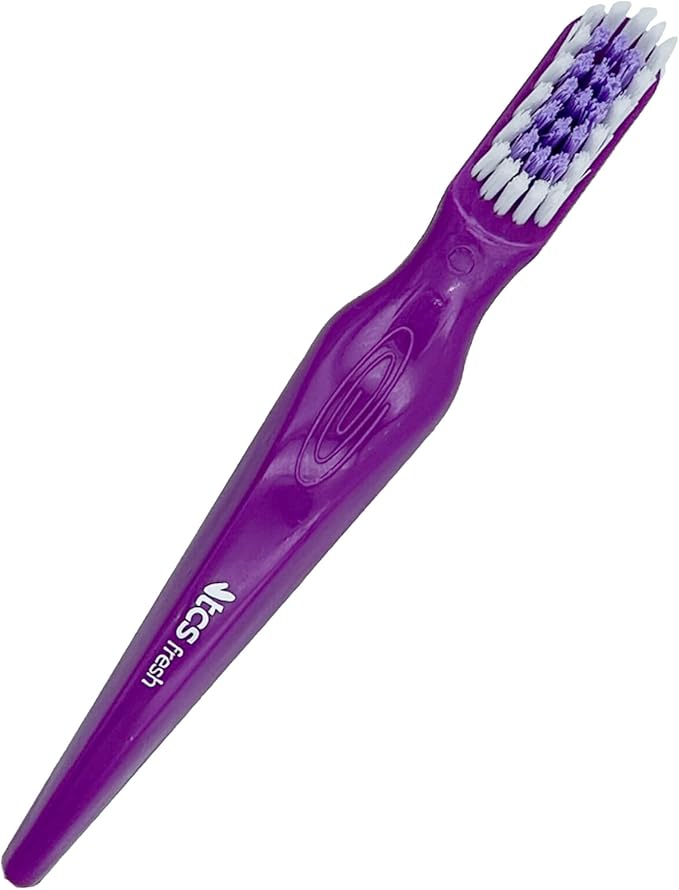 TCS Fresh Soft Bristle Denture Brush with Handle, Ergonomic Toothbrush for Cleaning Dental Appliances (3 Pack)