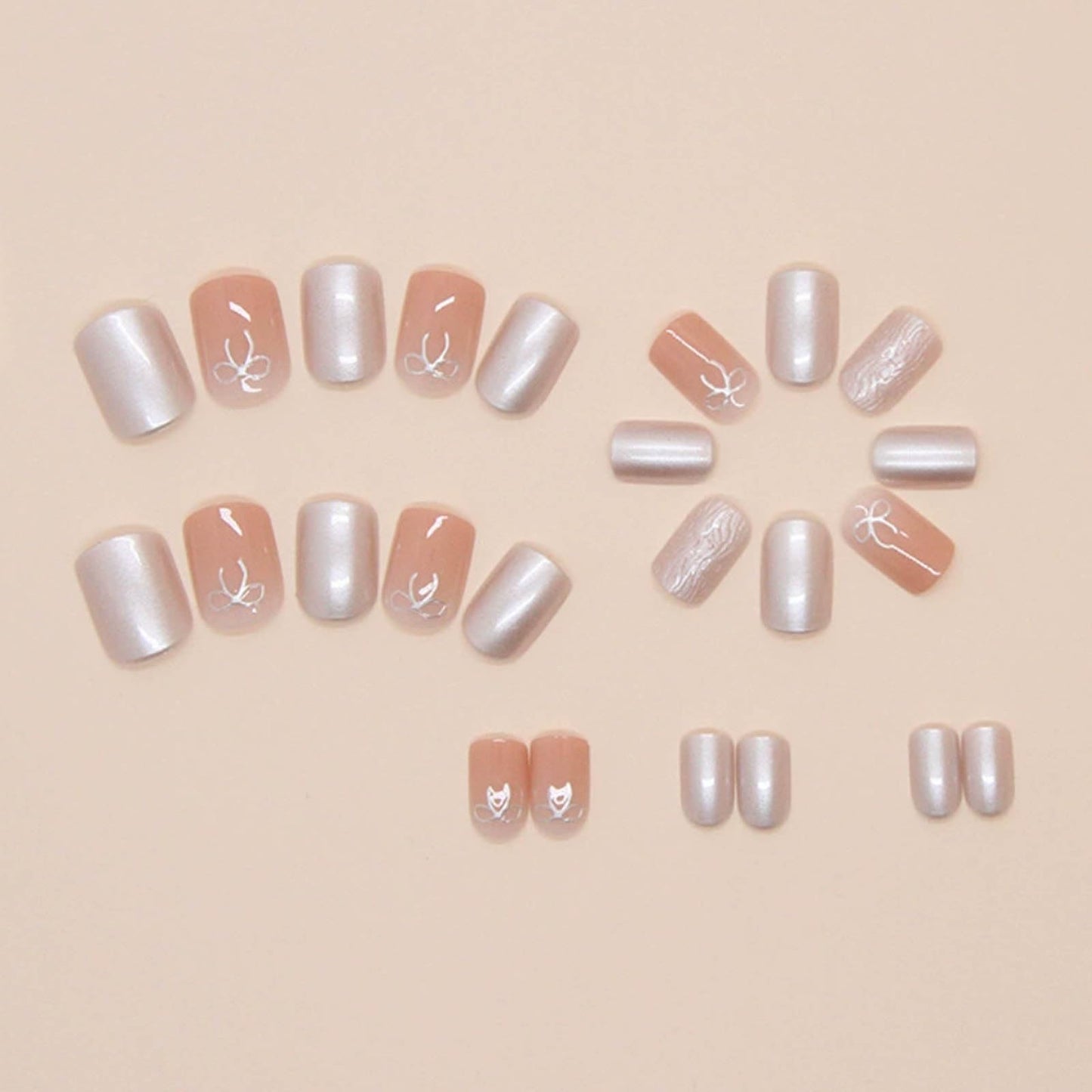 Hkanlre Short Square Fake Nails Tips Bow Press on Nails Full Cover False Bling Nude Nails for Women 24PCS