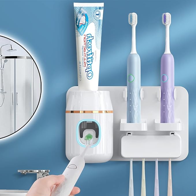 Toothpaste Dispenser Wall Mounted, Automatic Toothpaste Dispenser for Kids, Toothbrush Dispenser for Bathroom with 4 Toothbrush Slots