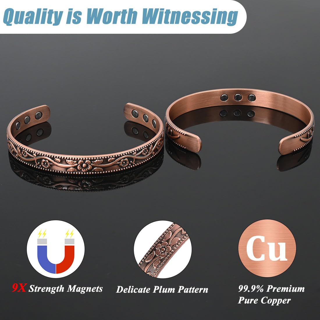 Vicmag Copper Bracelet for Women Men Magnetic Bracelets 100% Solid Pure Copper Gift 2PCS