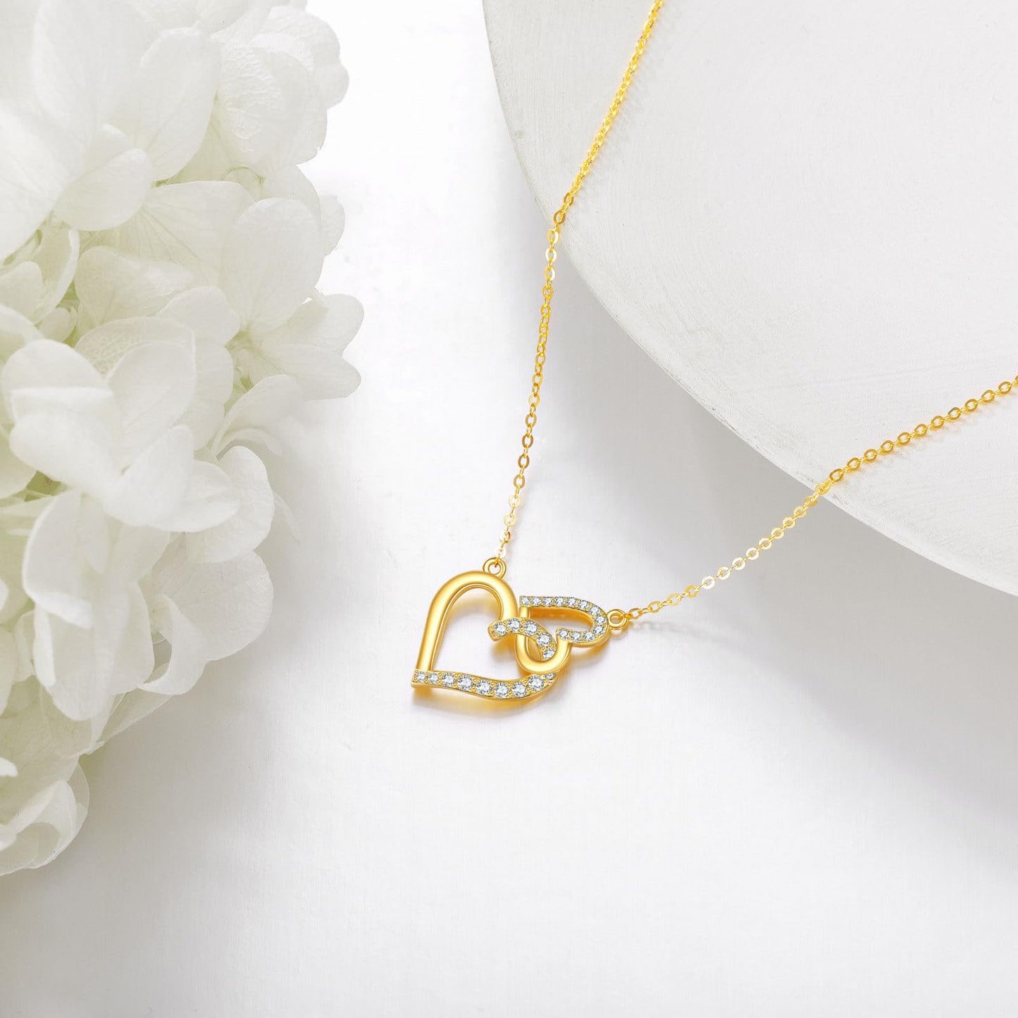 DOVRAN 14K Solid Gold Love Heart Necklace for Women Real Gold Two Heart Gift Jewelry Anniversary for Her