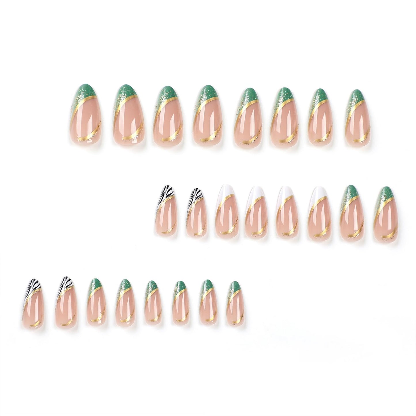 French Tip Press on Nails Medium Almond Fake Nails Nude Full Cover False Nails With Gold Line Glitter Designs Nail Tip Green White Zebra Print Stick on Nails Acrylic Artificial Nails for Women 24Pcs