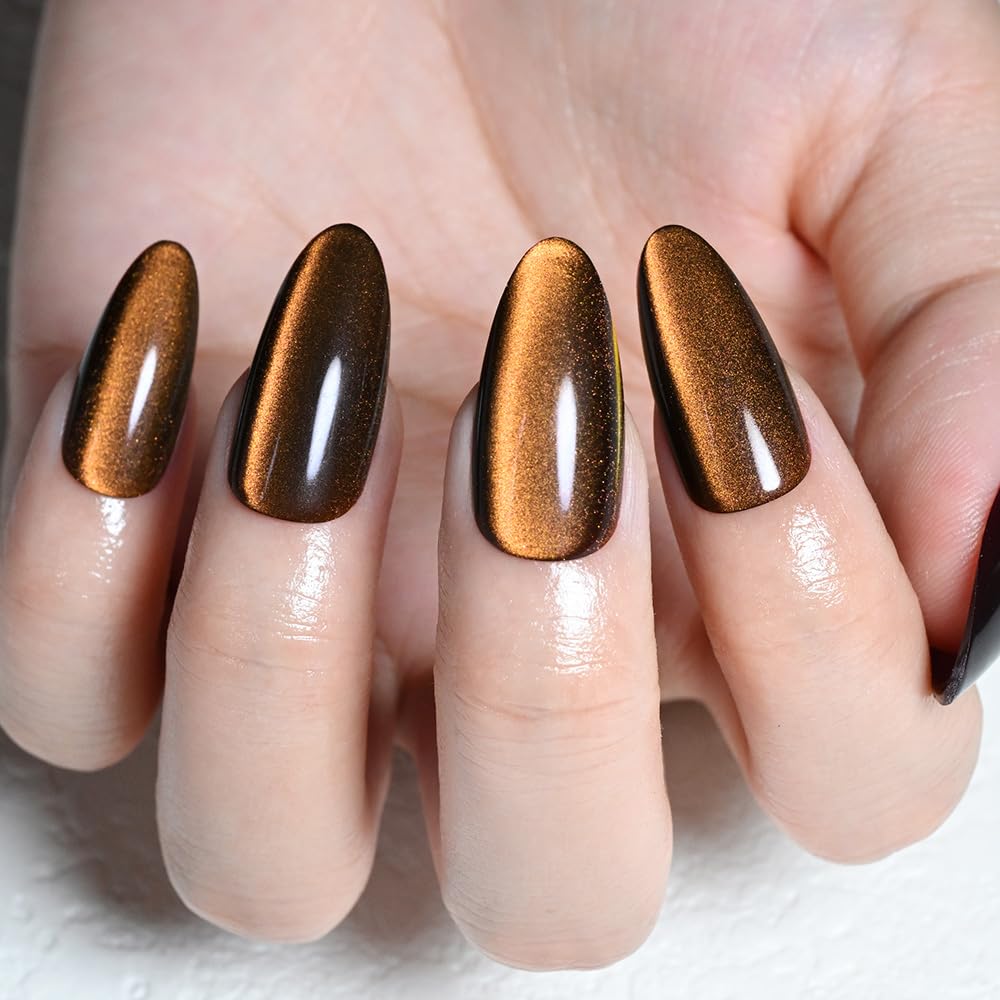 evpct Orange Red Cat Eye Chrome Press on Nails Almond Medium with Design, Holographic Medium Almond Stick on Fake Nails for Women, Glossy Cat Eye Effect, Perfectly Fit Salon-quality Soft False Nail