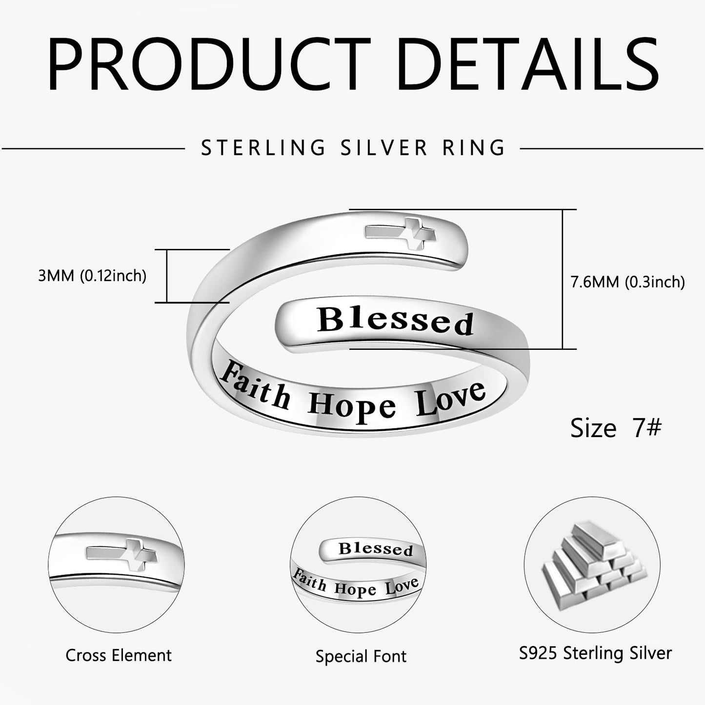 925 Sterling Silver Inspirational Jewelry Adjustable Wrap Open Ring Encouragement Gift for Women(Blessed Faith Hope Love)