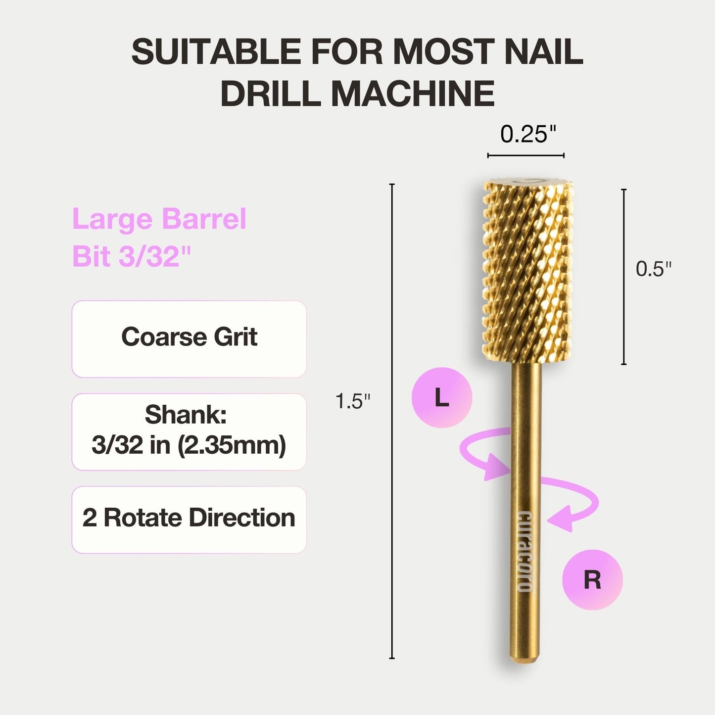 Curacoro Nail Drill Bits 3/32'' - Safe Smooth Stop Large Barrel Carbide Bit (Coarse), Fast Remove Acrylic or Gel Nails, Long-lasting Bits for Nail Beds, Nail Art Salon & Home
