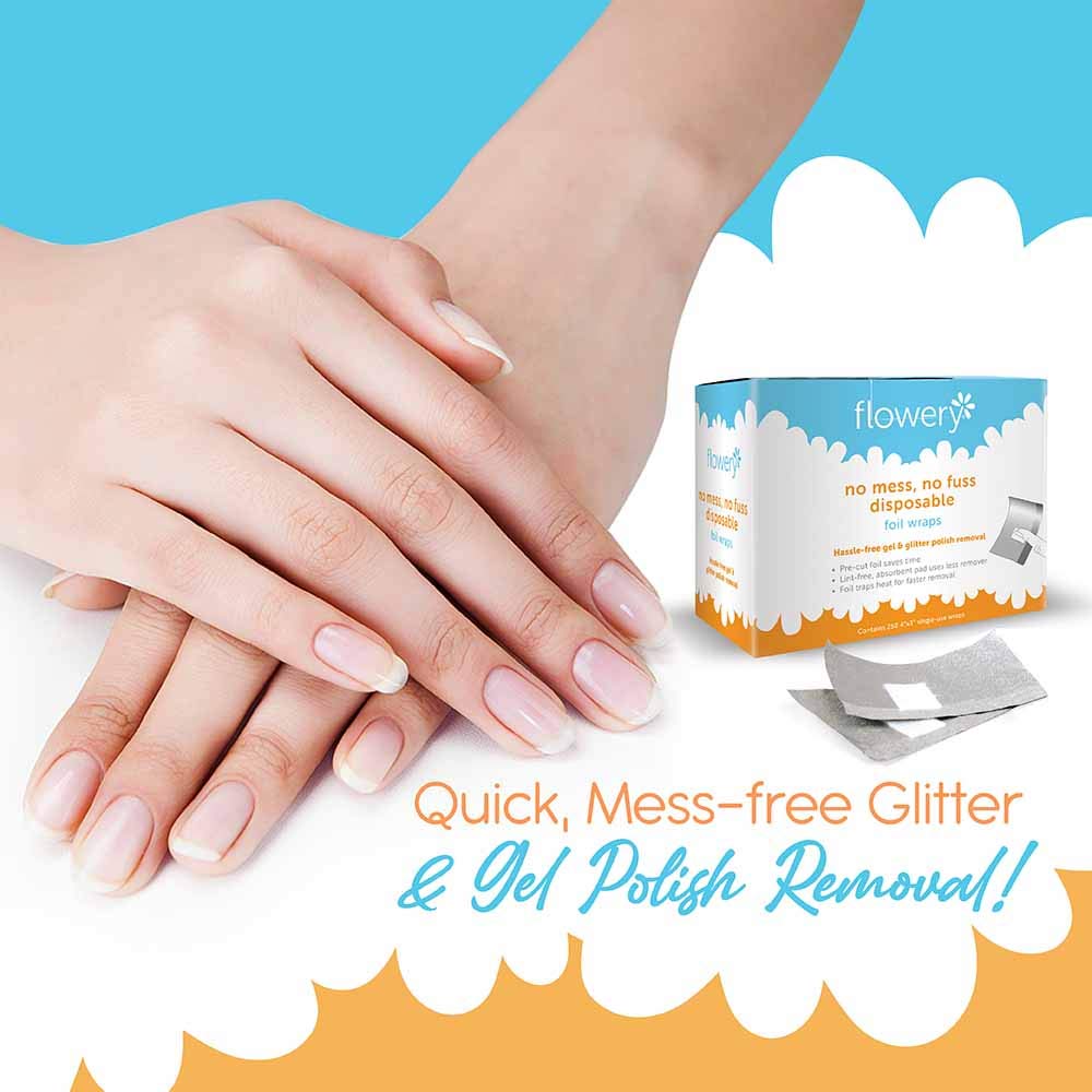 Flowery No Mess, No Fuss Disposable Foil Wraps, Pre-Cut Soak-Off, Gel, Glitter Nail Polish Remover, 250 Wraps Per Pack