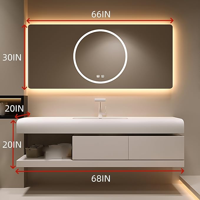 68IN Bathroom Vanity with Sink - Bathroom Cabinet Set has 2 Drawers & Overflow Hole Wall Mounted | LED Practical Defogging Mirror, Open Compartments, Seamless Rock Slab Basin (Cream White)