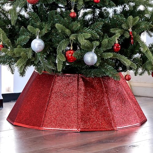 Blissun Fabric Christmas Tree Collar, Glittering Tree Ring, Willow Tree Skirt for Christmas Decorations (Glitter Red)