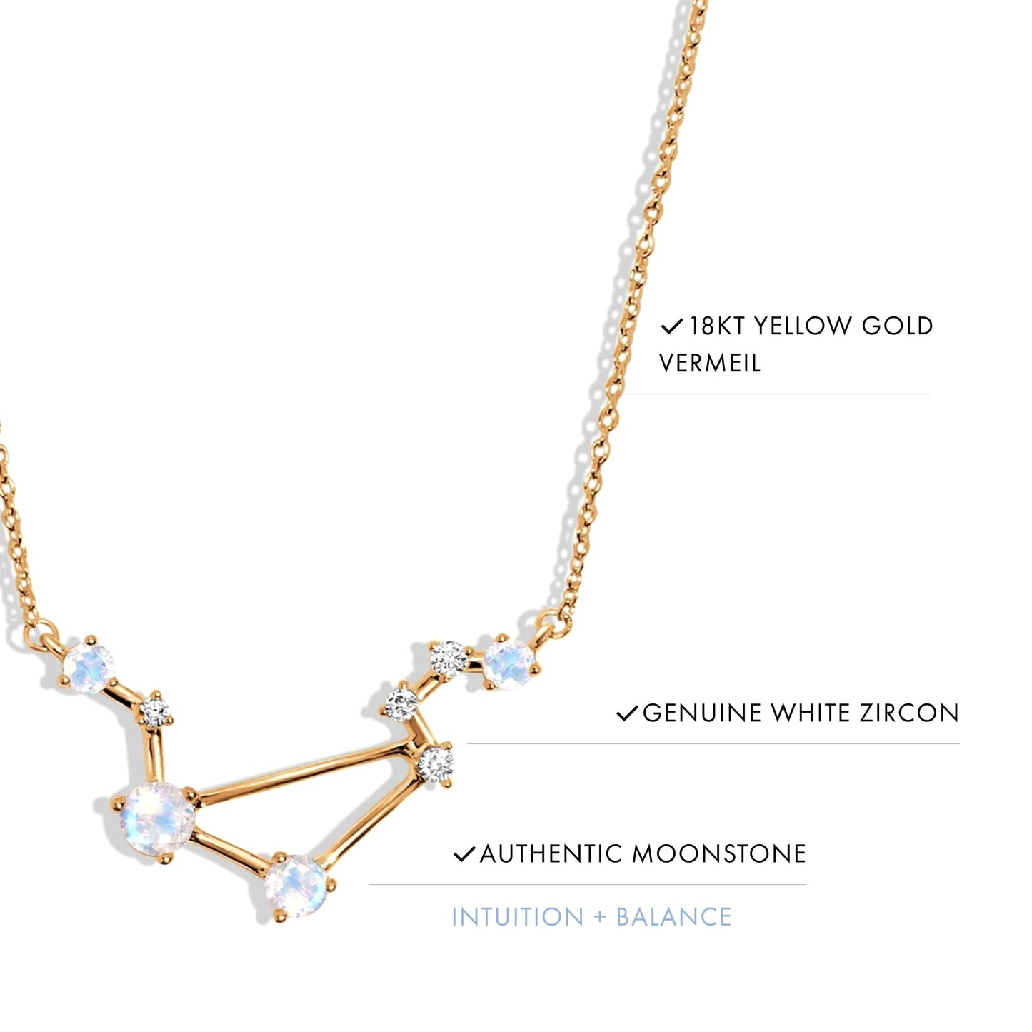 Moon Magic Moonstone Necklace - Libra Zodiac Constellation / 925 Sterling Silver - 18k Rose Gold - Yellow Gold Rainbow Moonstone Necklaces for Women/Authentic Rainbow Crystal Jewelry