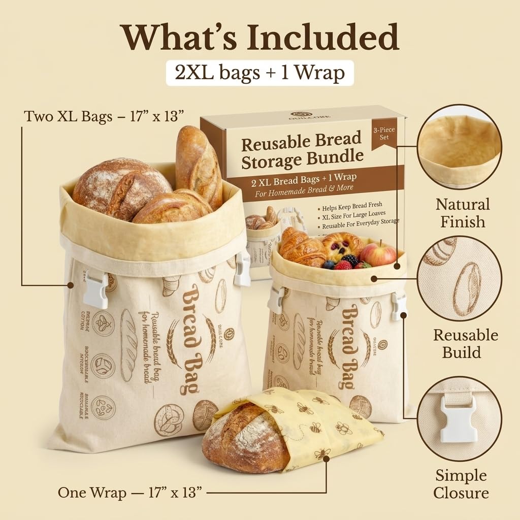 3 Pack Cotton Beeswax Bread Bags for Sourdough - 2XL Organic Reusable with Bees Wax Lining & Buckle Closure + 1 Beeswax Wrap, Wax Cloth Bread Bags & Freezer Safe, Eco-Friendly & Easy to Clean