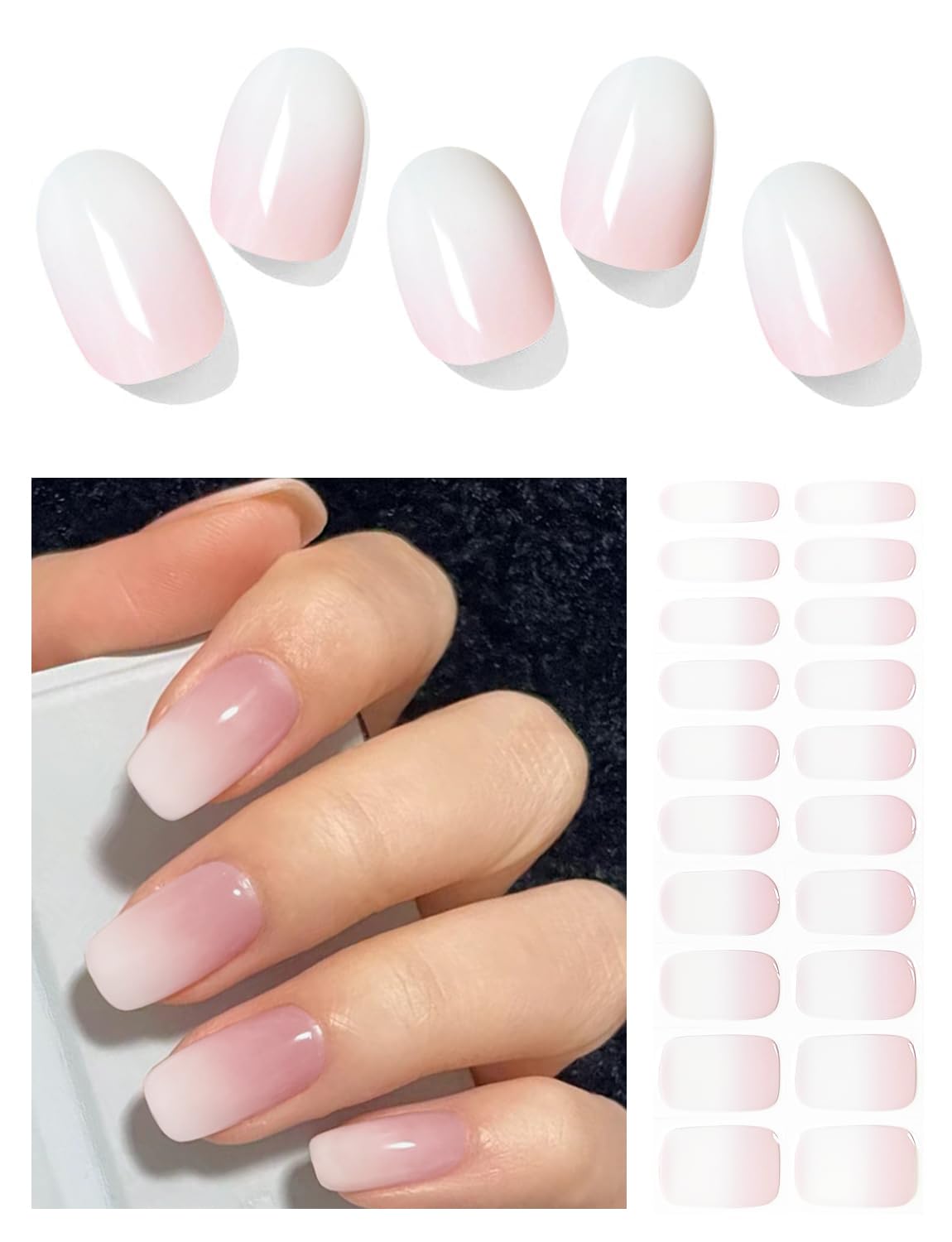 Semi Cured Gel Nail Strips, Pink Ombre, 20pcs Gel Nail Stickers Work with UV, Easy to Use and Remove
