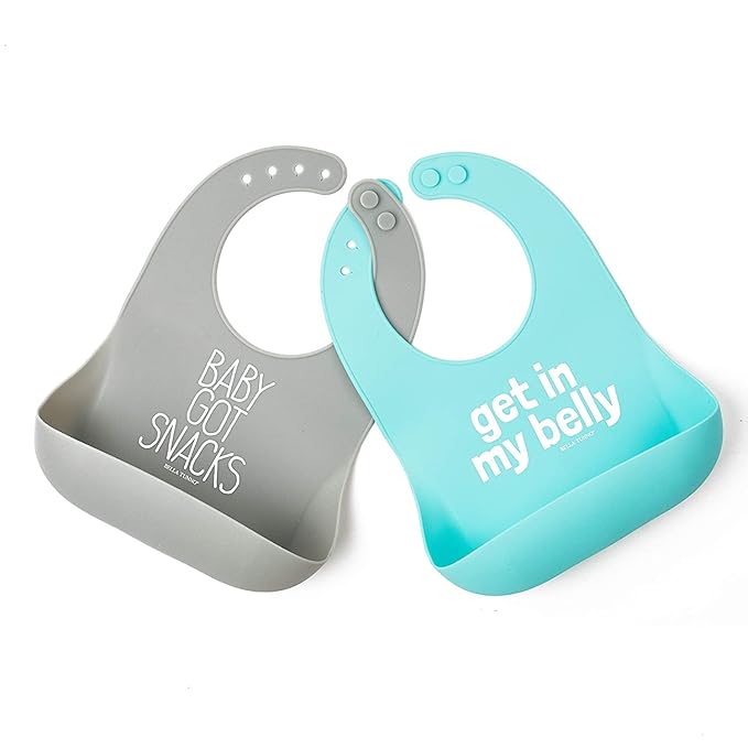 Bella Tunno Wonder Bib 2pk - Adjustable Silicone Baby Bibs for Girls & Boys, Durable and Waterproof BPA Free Silicone, Belly & Got Snacks