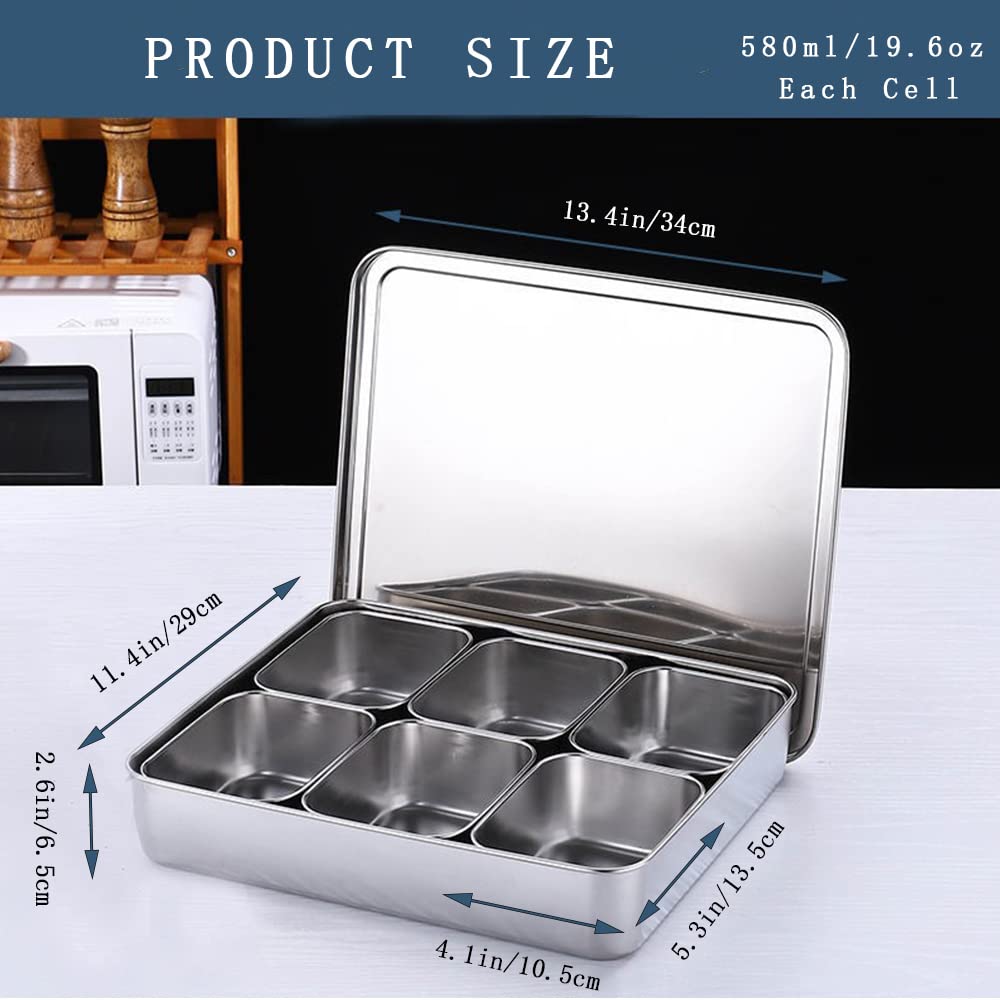 Stainless Steel Seasoning Box with Lid and Holder Tray, 6 Compartments Rectangle Masala Dabba Spice Container, Indian Masala Box Organizer Set for Kitchen Condiment Storage (6 Compartments)
