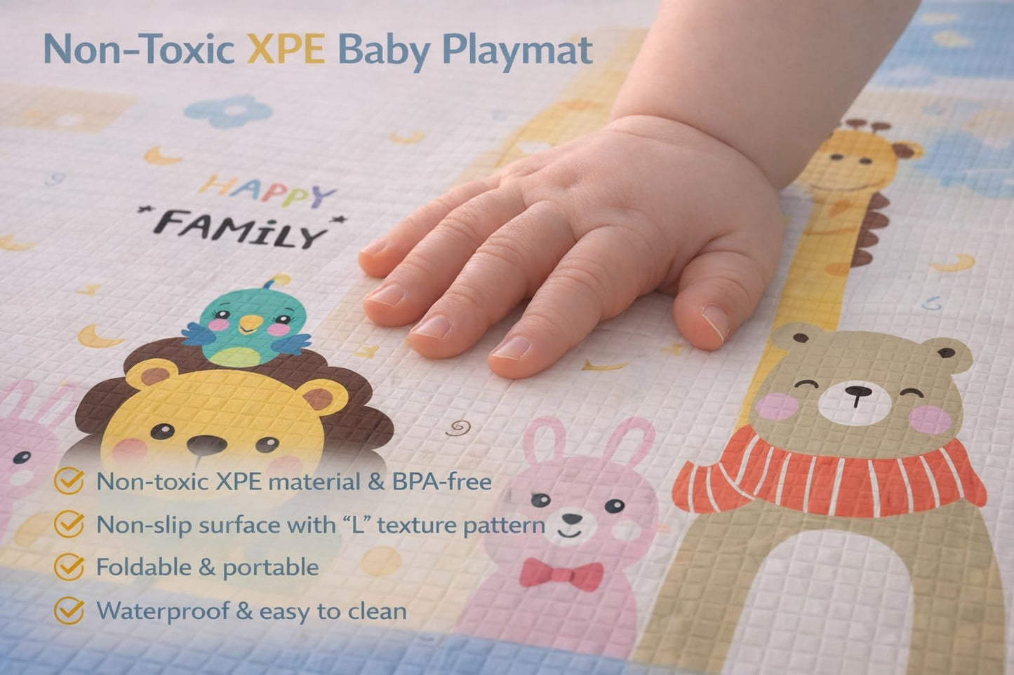 DAN&GO Extra Large Baby Play Mat, Foldable, Double-Sided, Beige, Non-Toxic XPE Material, Portable Activity Floor Mat for Babies 0-12 Months & Kids, Educational Design (Funny, 71 * 79 * 0.4)